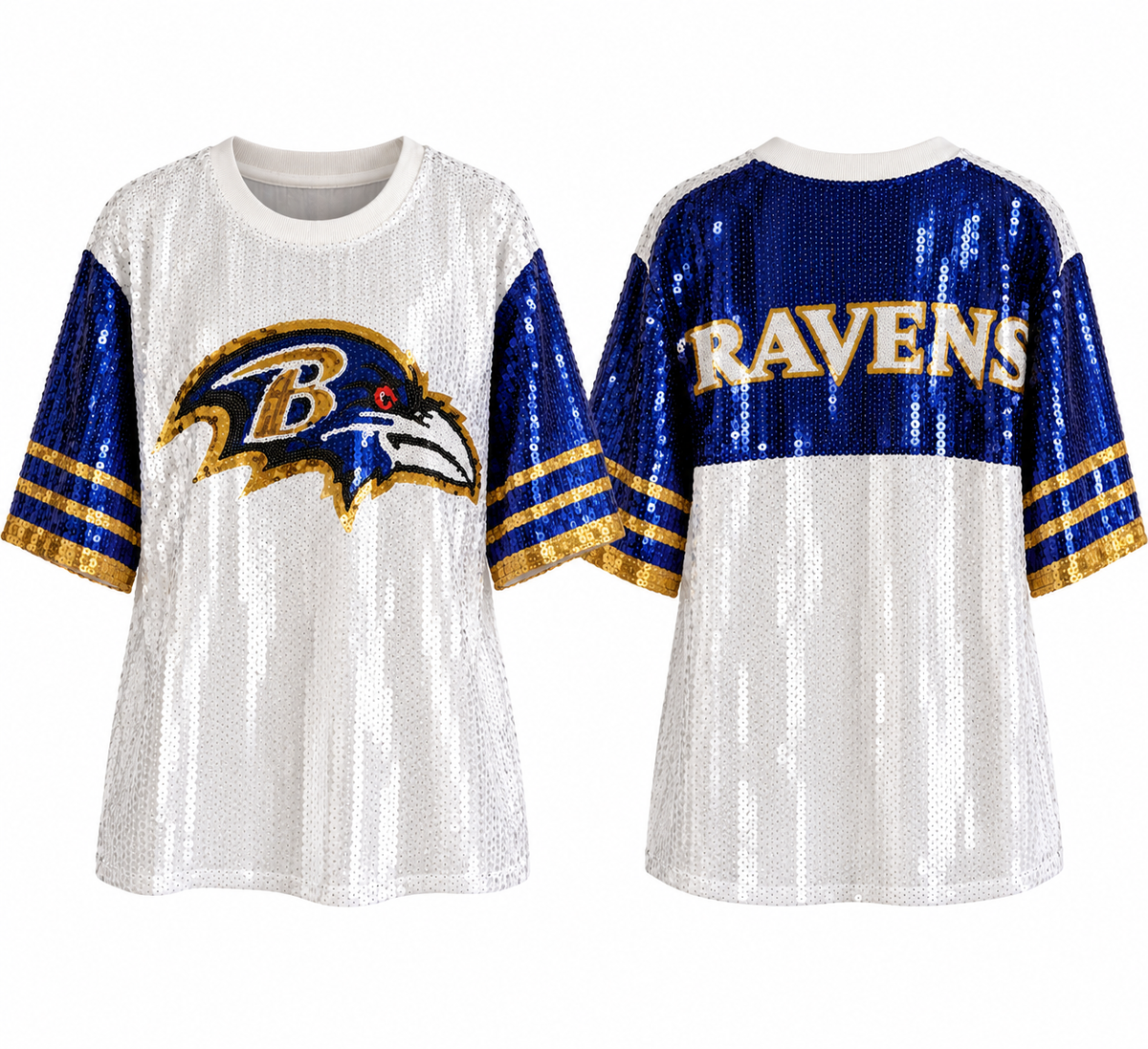 Baltimore Ravens sequin dress front and back white background