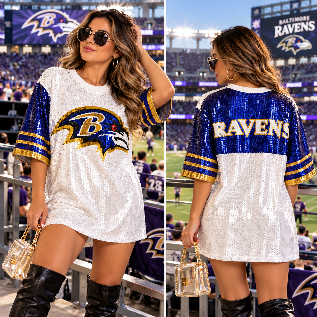 Ravens dress model in football stadium