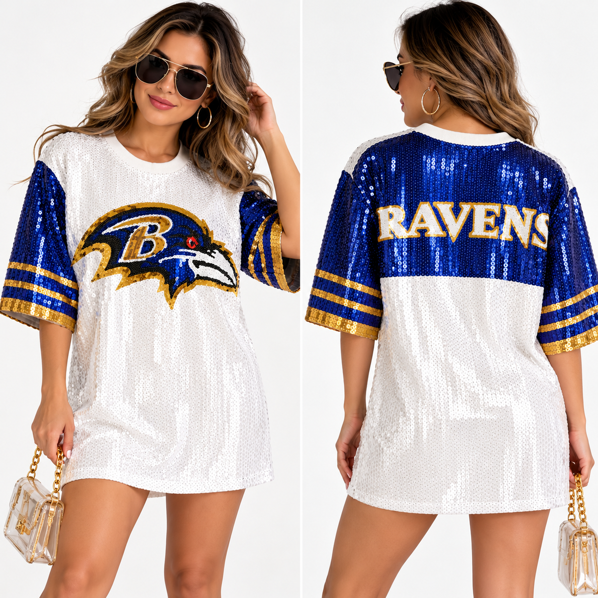 Ravens dress on model front and back white studio