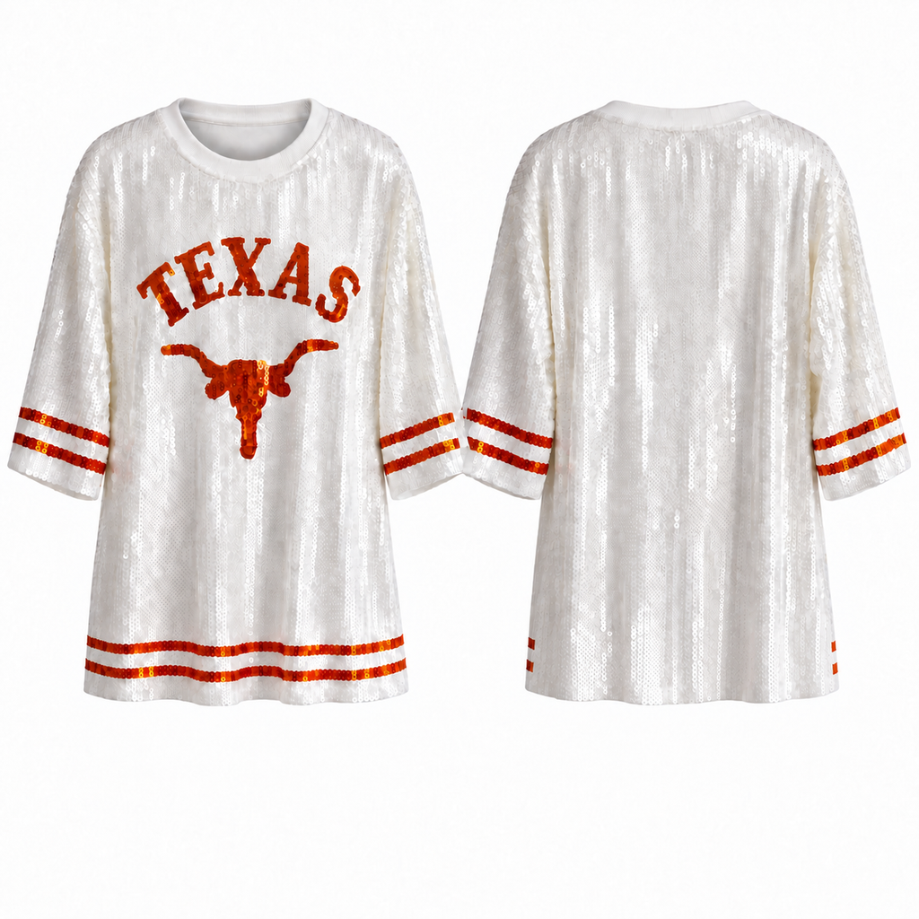 Texas Longhorns white sequin shirt dress front-back