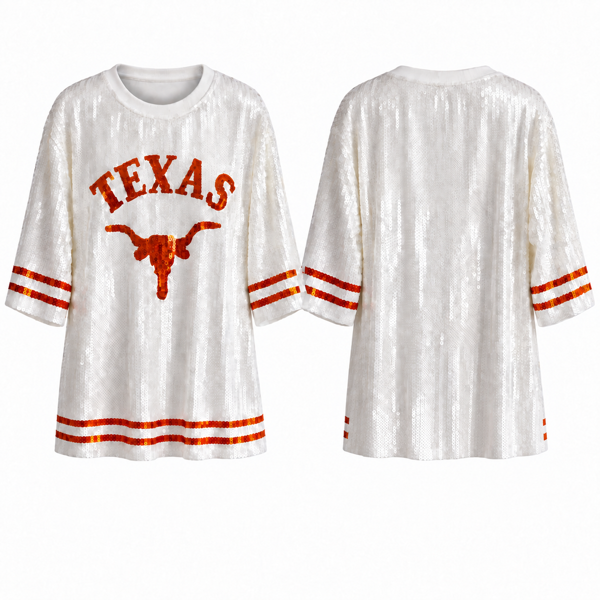 Texas Longhorns white sequin shirt dress front-back