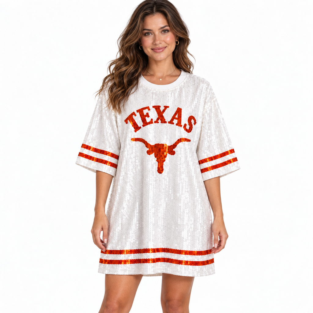 Texas Longhorns white sequin shirt dress model-white