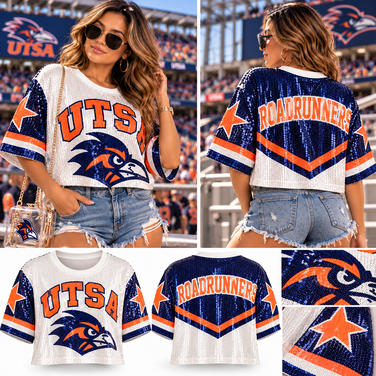 UTSA cropped sequin top product and styling collage